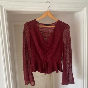 1. State Red Ruched Tie Front Peplum Blouse